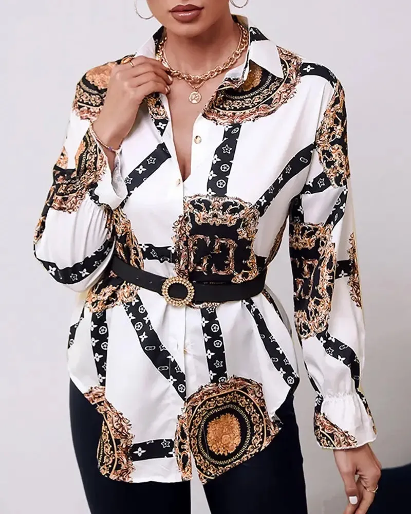 Xieyinshe - Baroque Print Button Down Long Sleeve Shirt