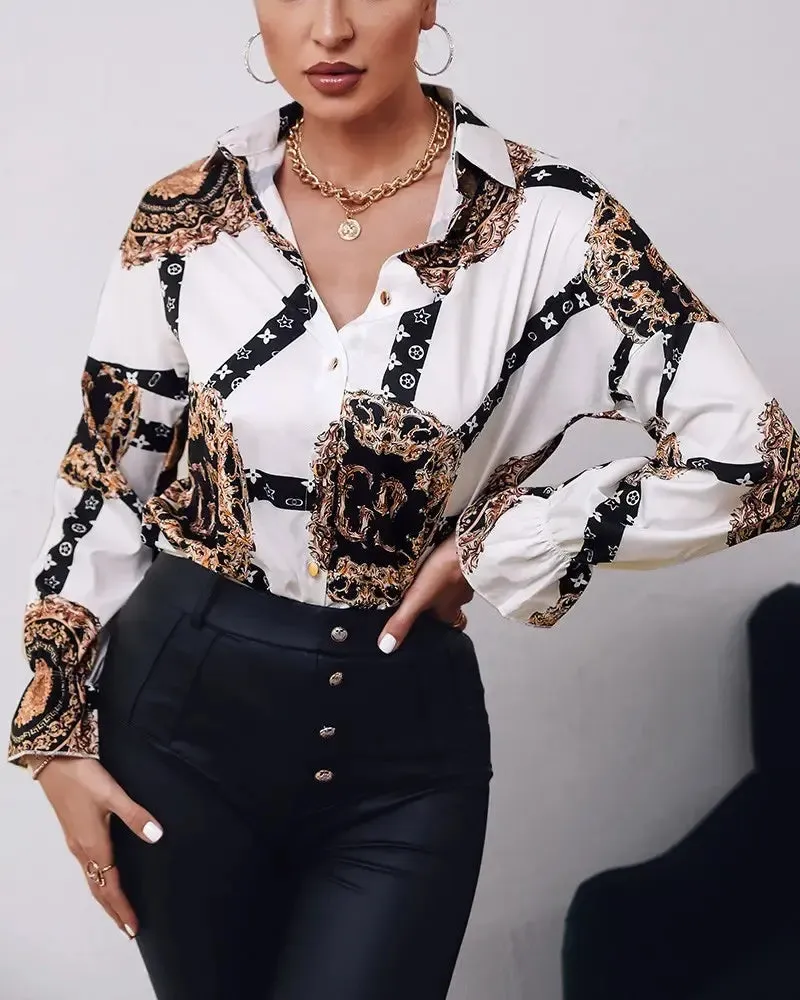 Xieyinshe - Baroque Print Button Down Long Sleeve Shirt