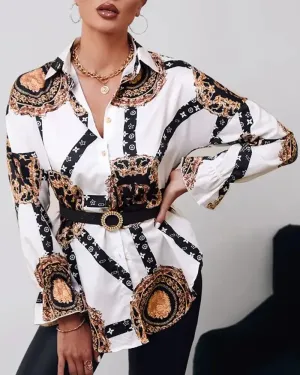 Xieyinshe - Baroque Print Button Down Long Sleeve Shirt