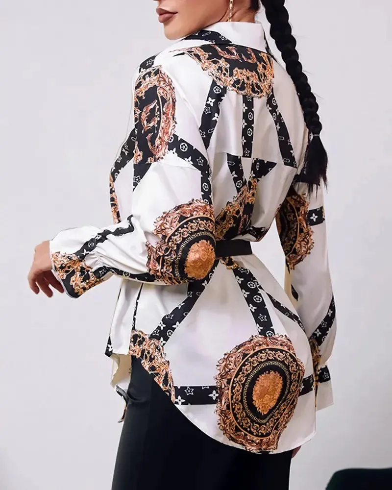 Xieyinshe - Baroque Print Button Down Long Sleeve Shirt