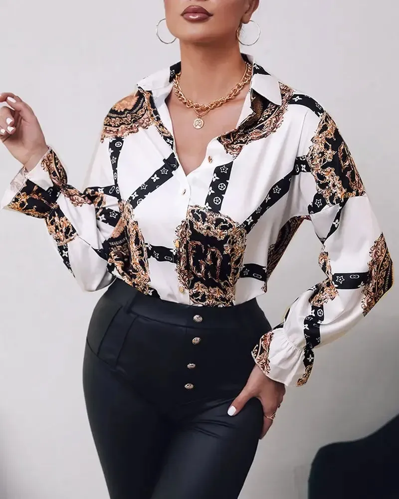 Xieyinshe - Baroque Print Button Down Long Sleeve Shirt