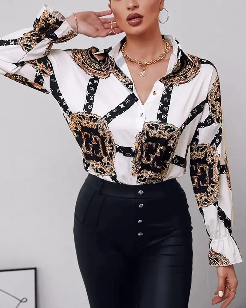 Xieyinshe - Baroque Print Button Down Long Sleeve Shirt