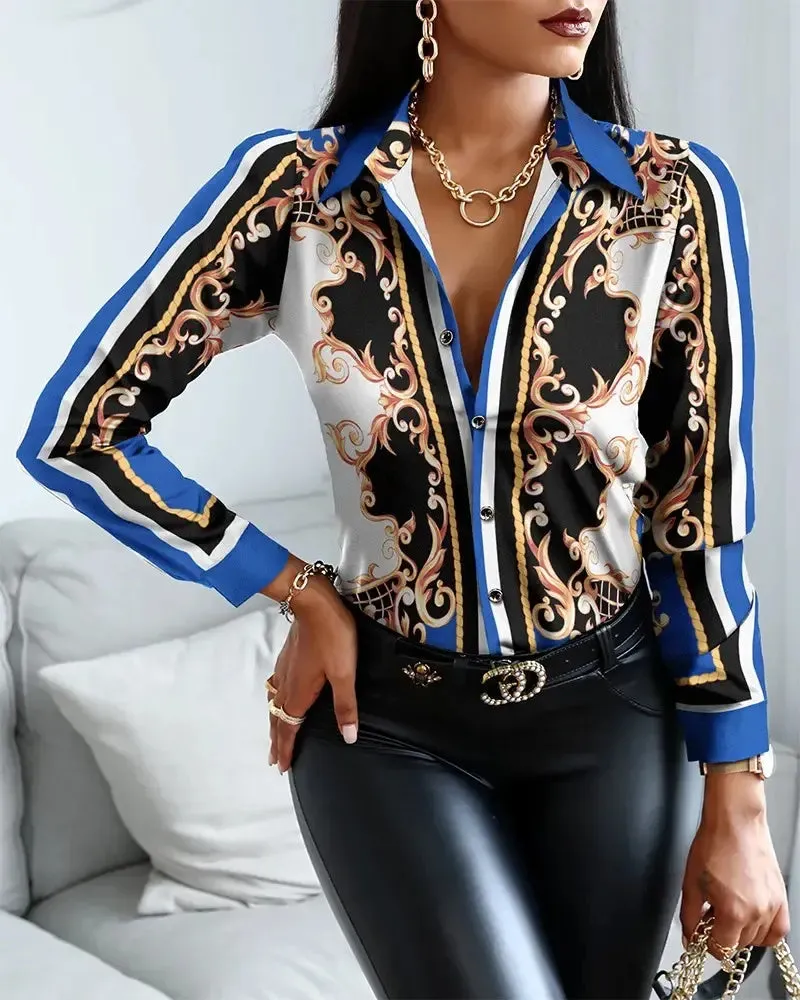 Xieyinshe - Baroque Print Long Sleeve Button Up Top