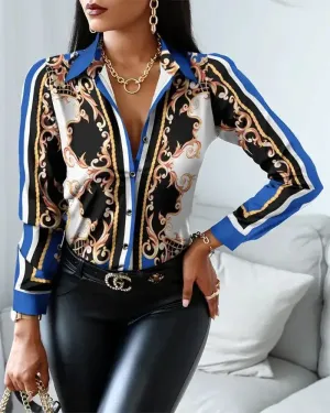 Xieyinshe - Baroque Print Long Sleeve Button Up Top
