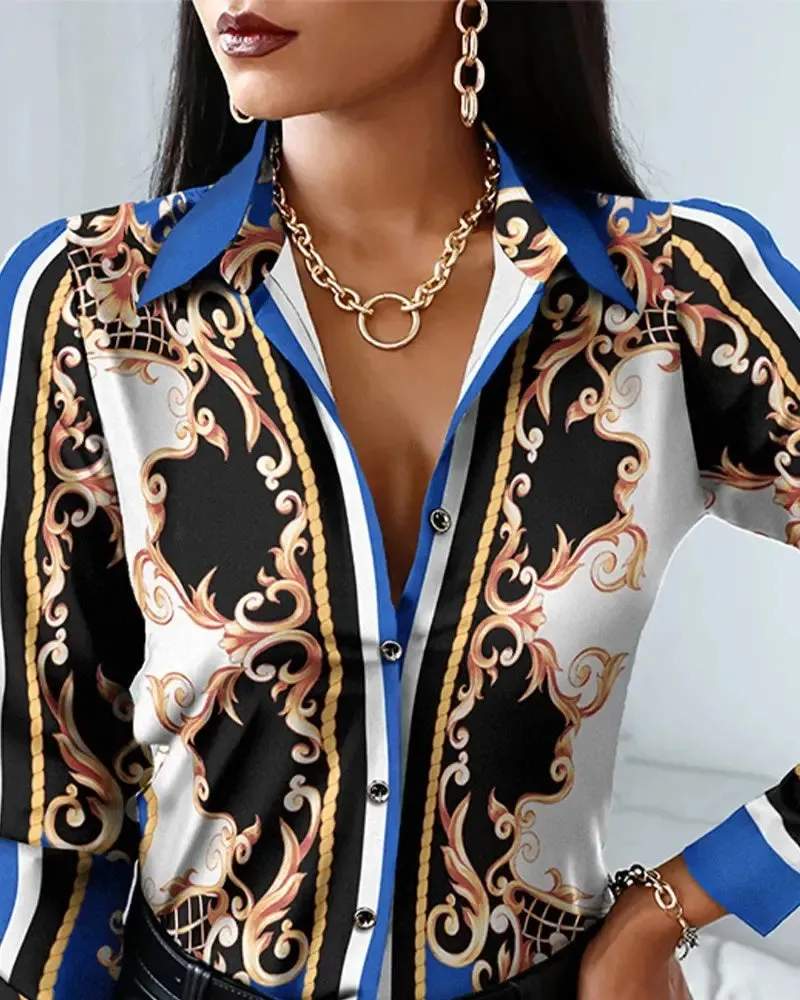 Xieyinshe - Baroque Print Long Sleeve Button Up Top
