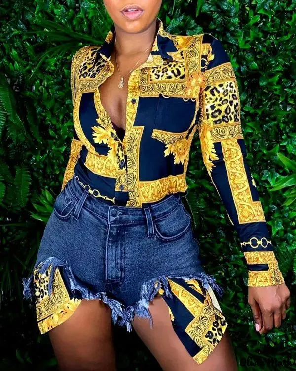 Xieyinshe - Baroque Print Long Sleeve Shirt with Scarf Detail