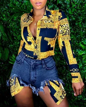Xieyinshe - Baroque Print Long Sleeve Shirt with Scarf Detail