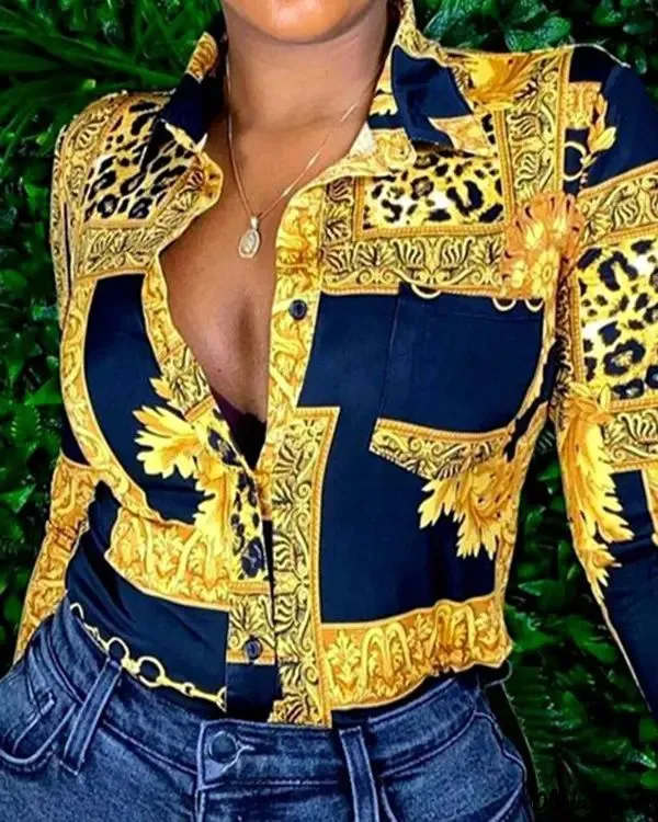 Xieyinshe - Baroque Print Long Sleeve Shirt with Scarf Detail