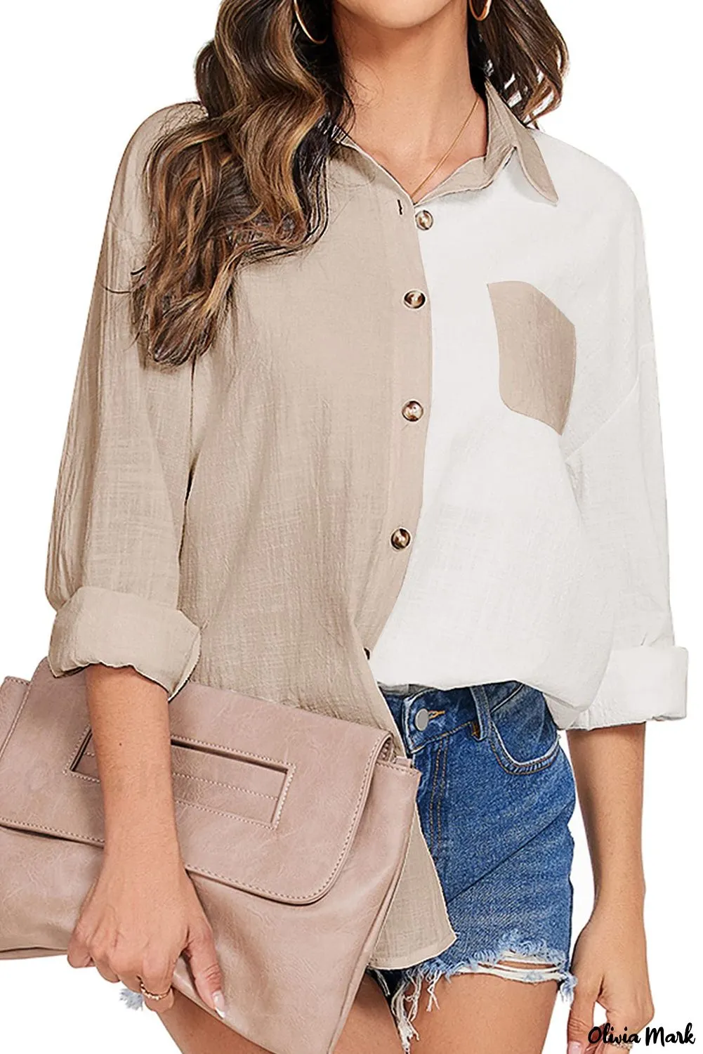 Xieyinshe - Button-Down Collar Long Sleeve Blouse with Colorblock and Pocket Detail