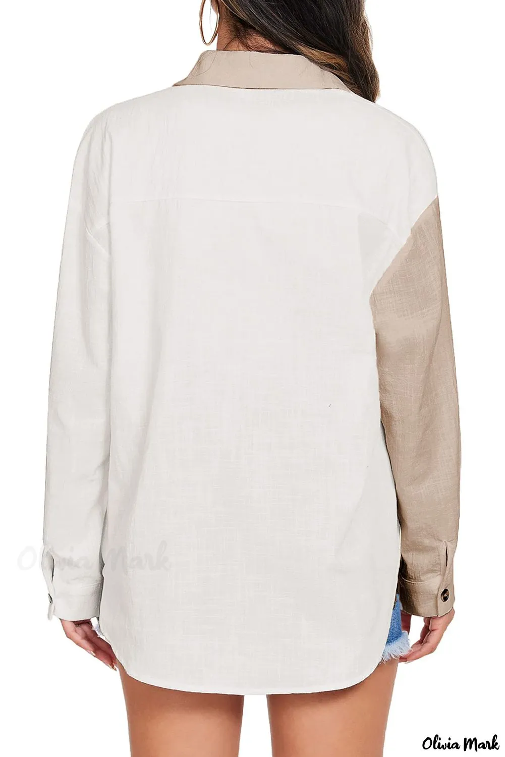 Xieyinshe - Button-Down Collar Long Sleeve Blouse with Colorblock and Pocket Detail