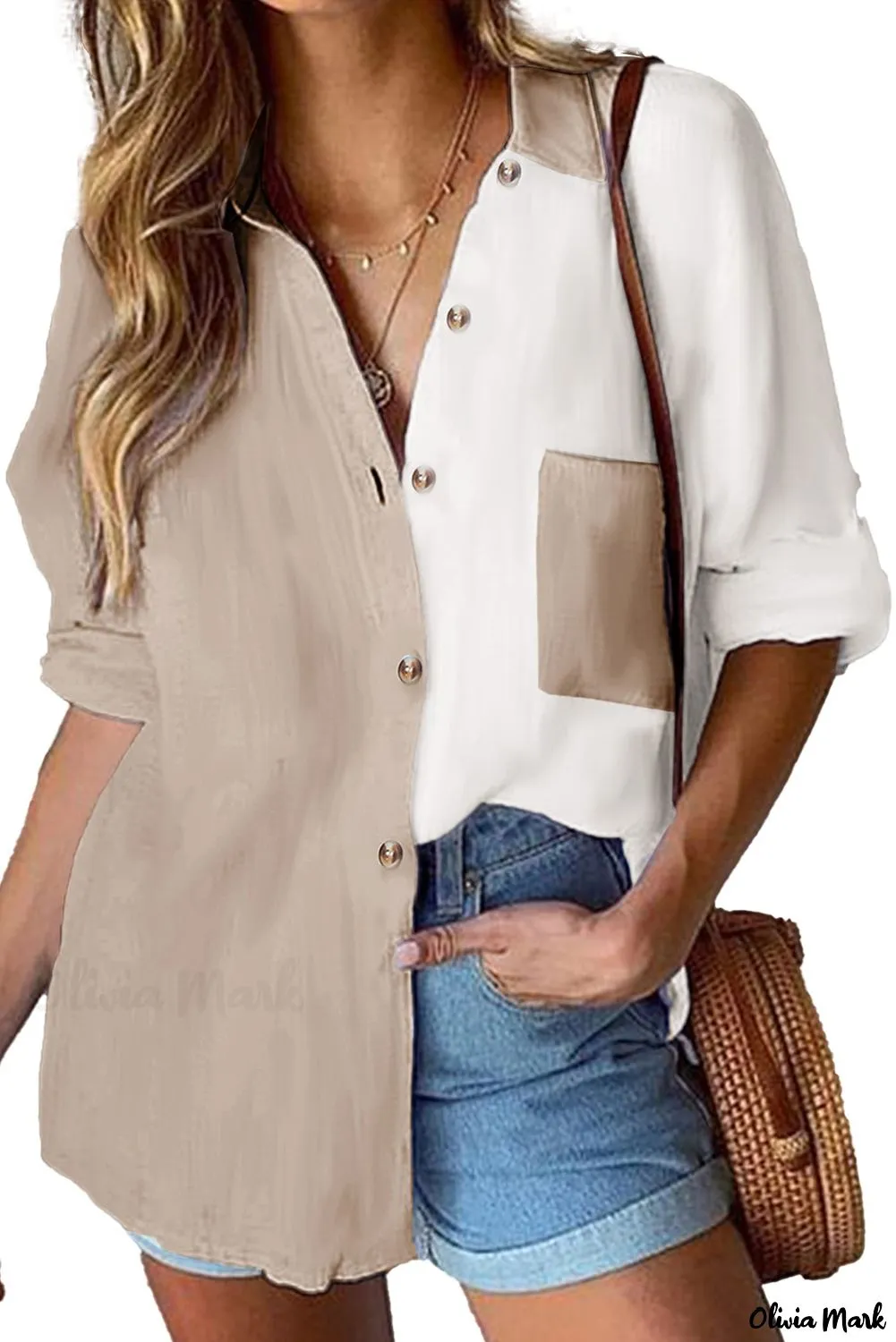 Xieyinshe - Button-Down Collar Long Sleeve Blouse with Colorblock and Pocket Detail