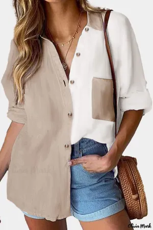 Xieyinshe - Button-Down Collar Long Sleeve Blouse with Colorblock and Pocket Detail