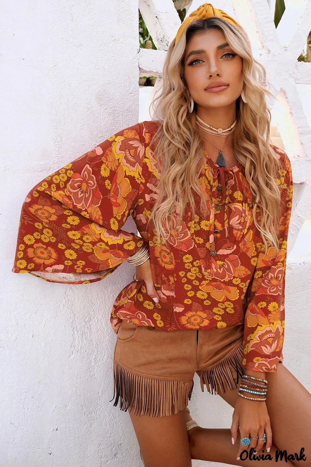 Xieyinshe - Button Down Long Sleeve Floral Print Shirt
