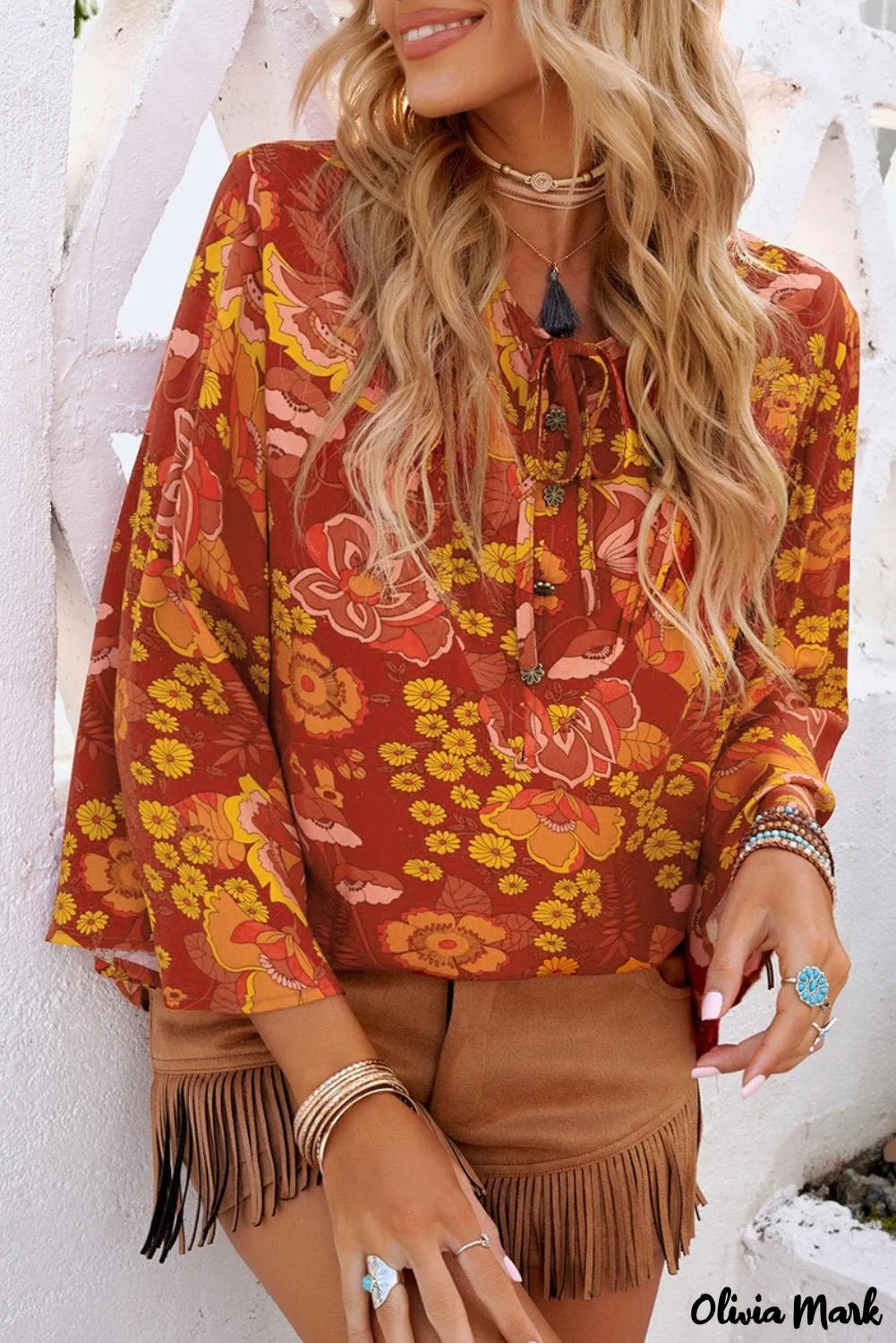 Xieyinshe - Button Down Long Sleeve Floral Print Shirt
