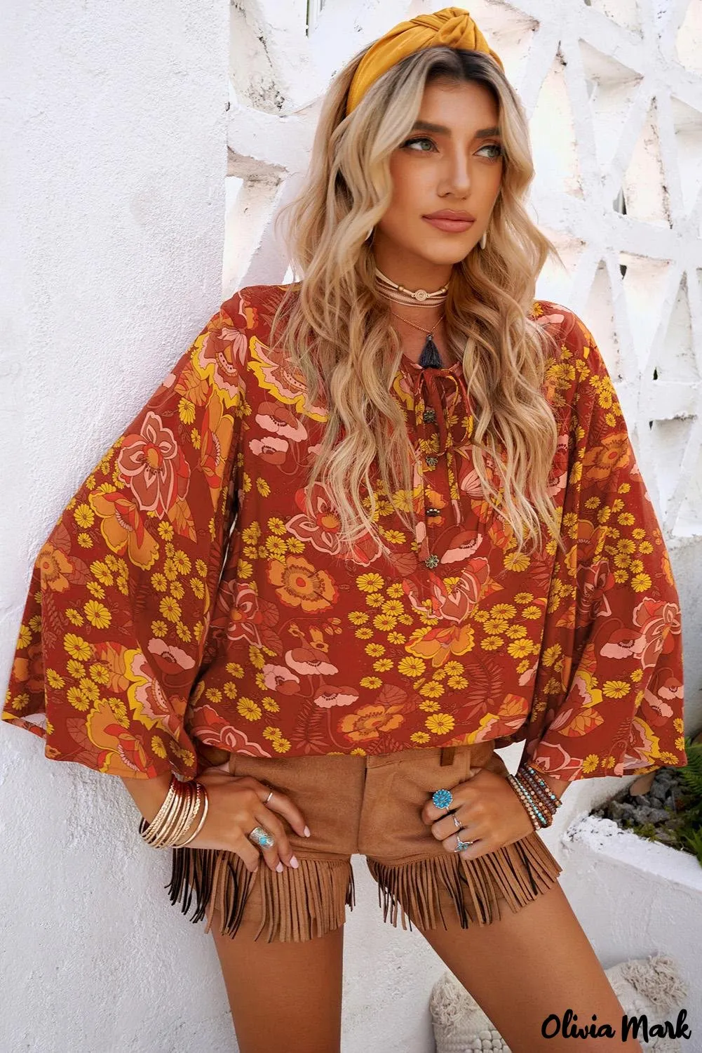 Xieyinshe - Button Down Long Sleeve Floral Print Shirt