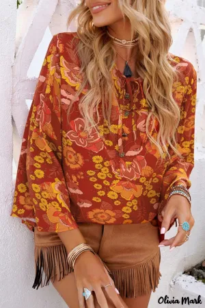 Xieyinshe - Button Down Long Sleeve Floral Print Shirt