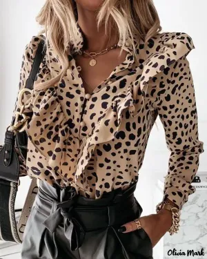 Xieyinshe - Cheetah Print Ruffle Hem Long Sleeve Top