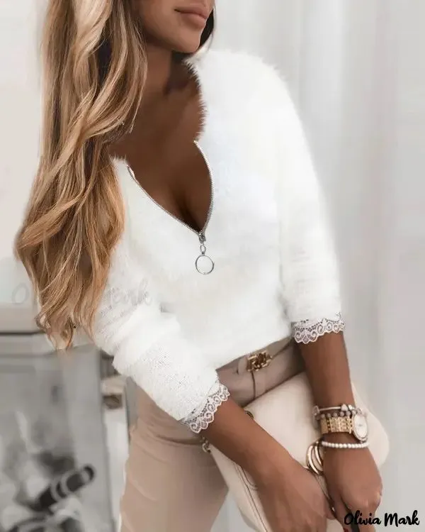 Xieyinshe - Contrast Lace Front Zipper Long Sleeve Fluffy Top