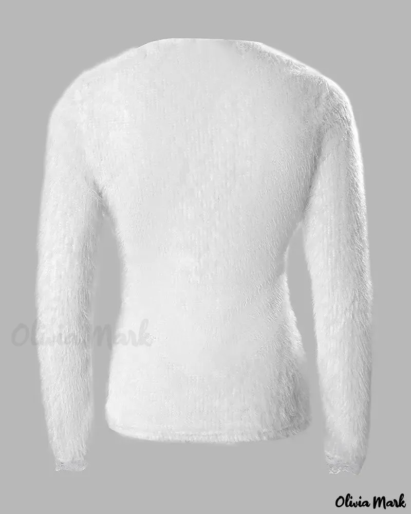 Xieyinshe - Contrast Lace Front Zipper Long Sleeve Fluffy Top