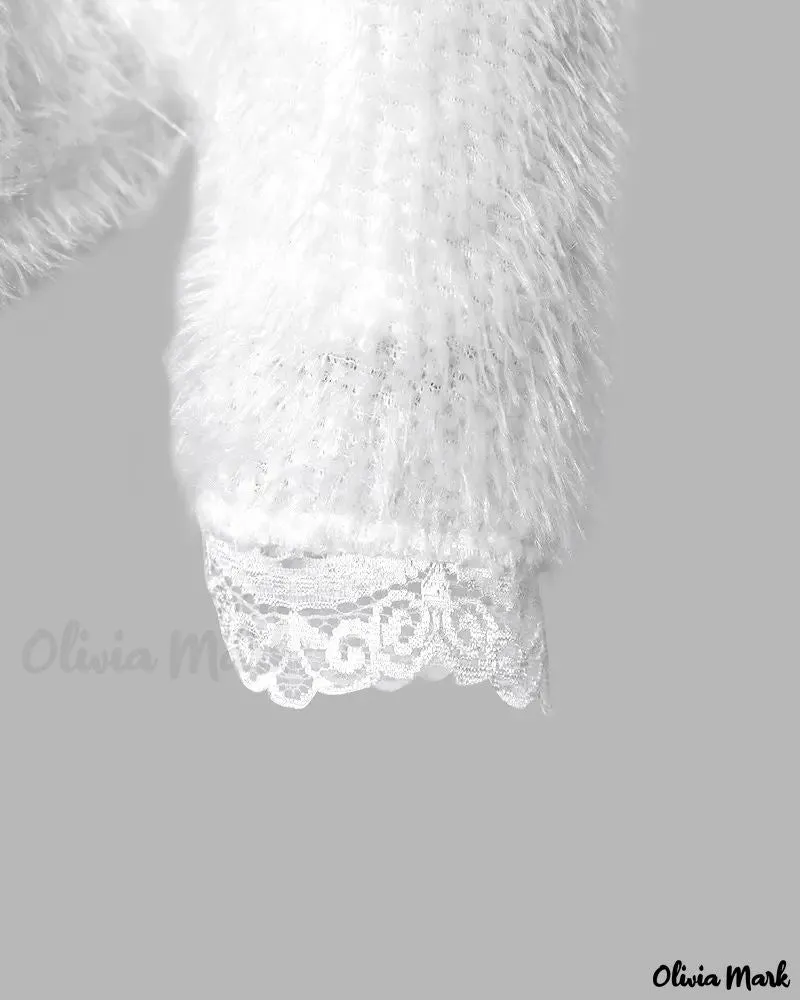 Xieyinshe - Contrast Lace Front Zipper Long Sleeve Fluffy Top