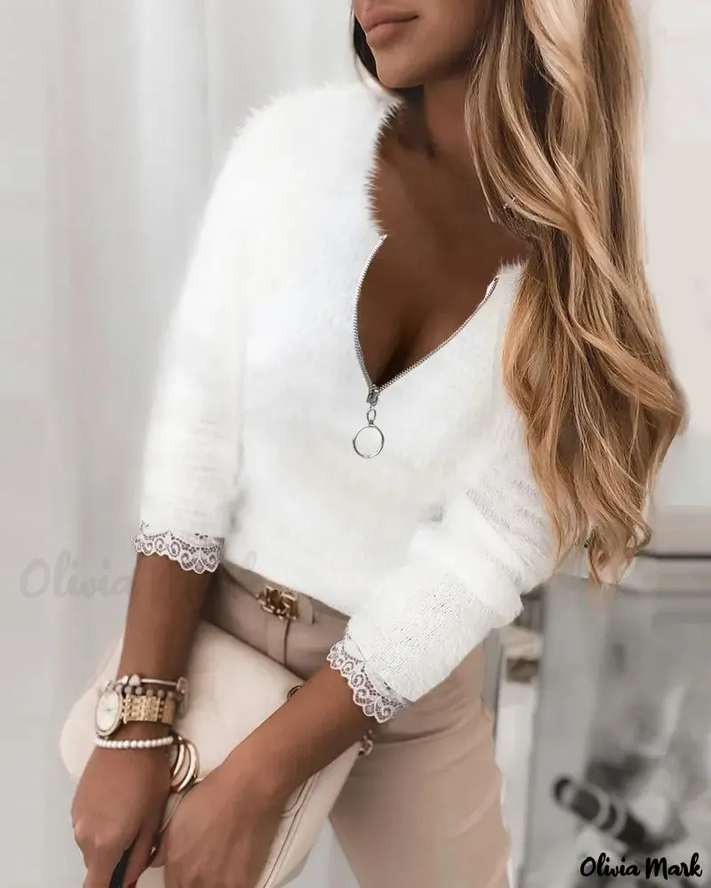 Xieyinshe - Contrast Lace Front Zipper Long Sleeve Fluffy Top