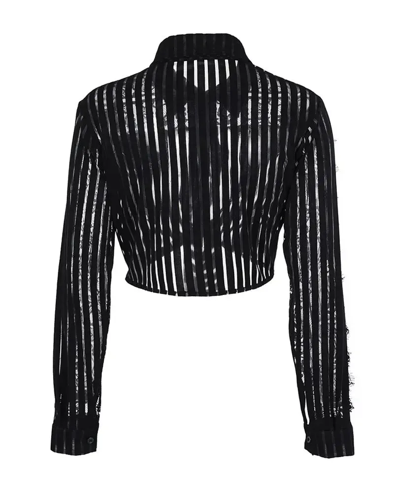 Xieyinshe - Contrast Lace Long Sleeve Button Down Shirt