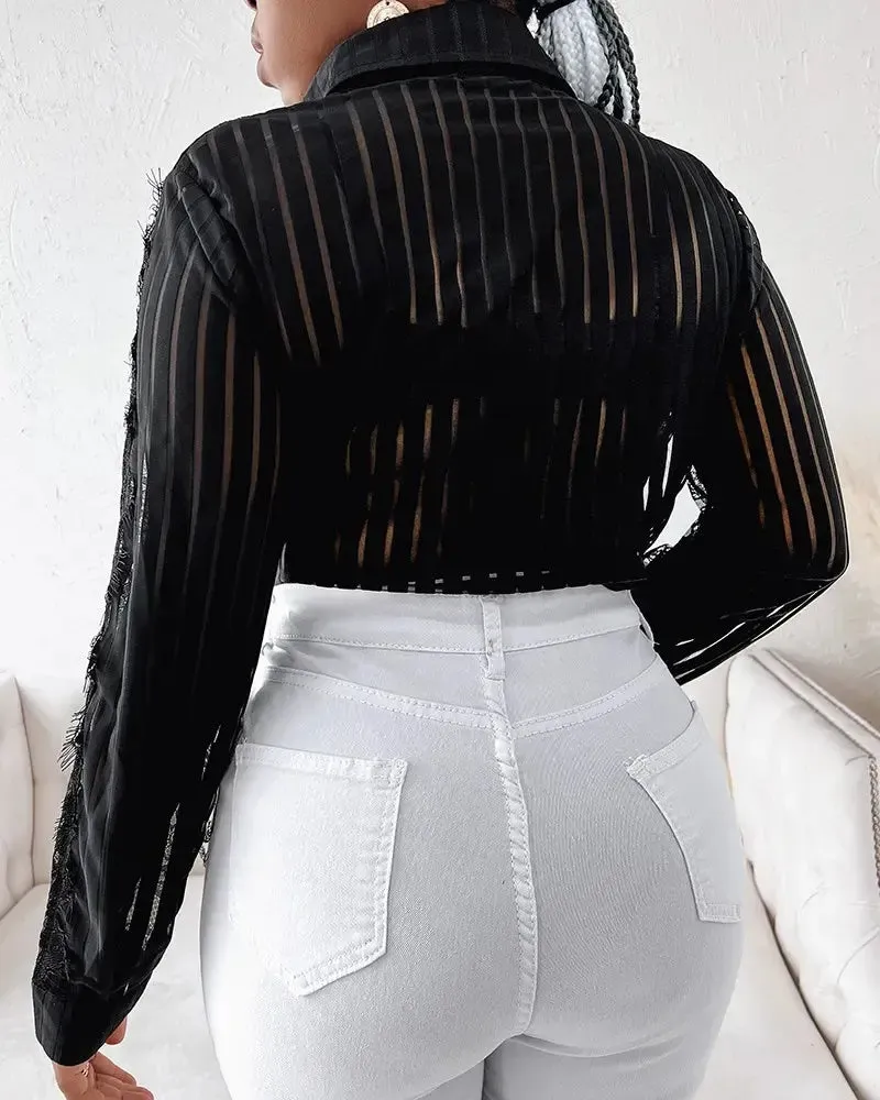 Xieyinshe - Contrast Lace Long Sleeve Button Down Shirt