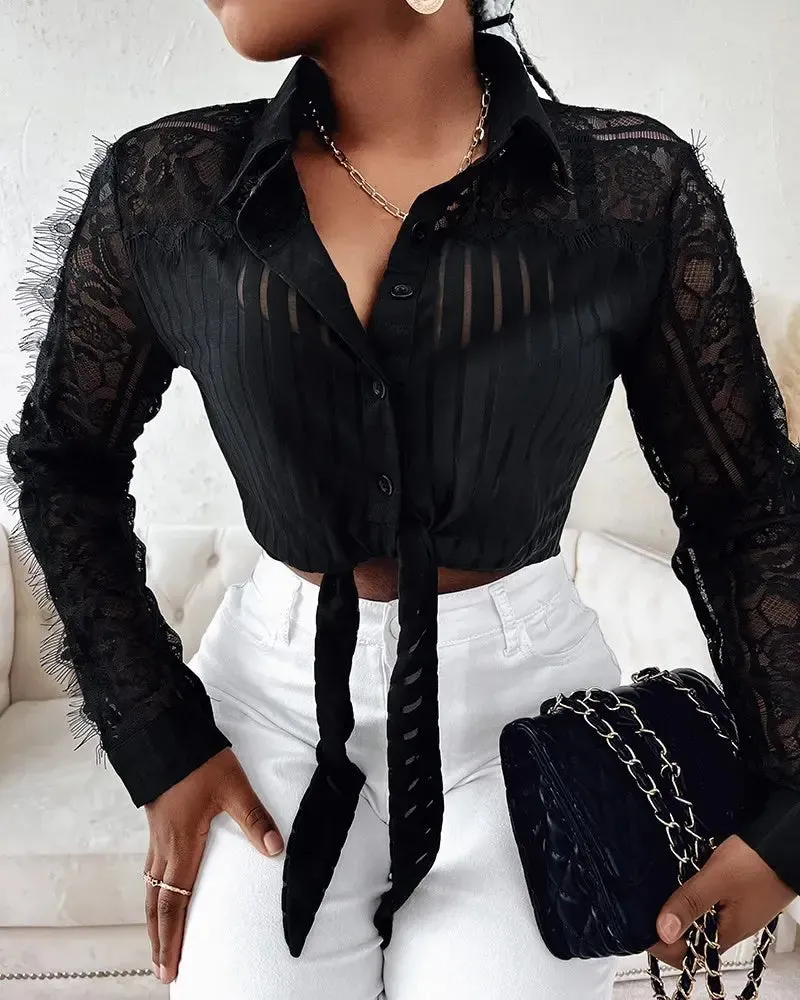 Xieyinshe - Contrast Lace Long Sleeve Button Down Shirt