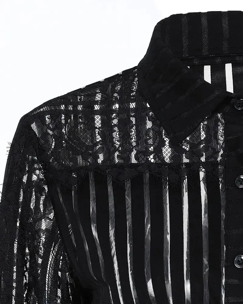 Xieyinshe - Contrast Lace Long Sleeve Button Down Shirt