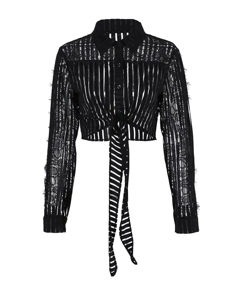 Xieyinshe - Contrast Lace Long Sleeve Button Down Shirt