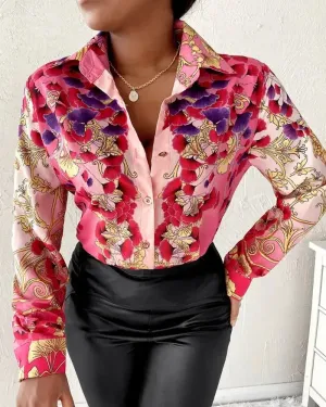 Xieyinshe - Floral Print Button Up Long Sleeve Top