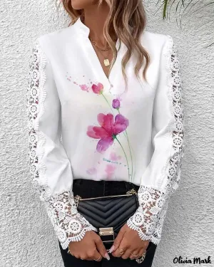 Xieyinshe - Floral Print Contrast Lace Long Sleeve Top