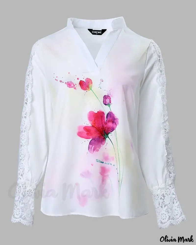 Xieyinshe - Floral Print Contrast Lace Long Sleeve Top