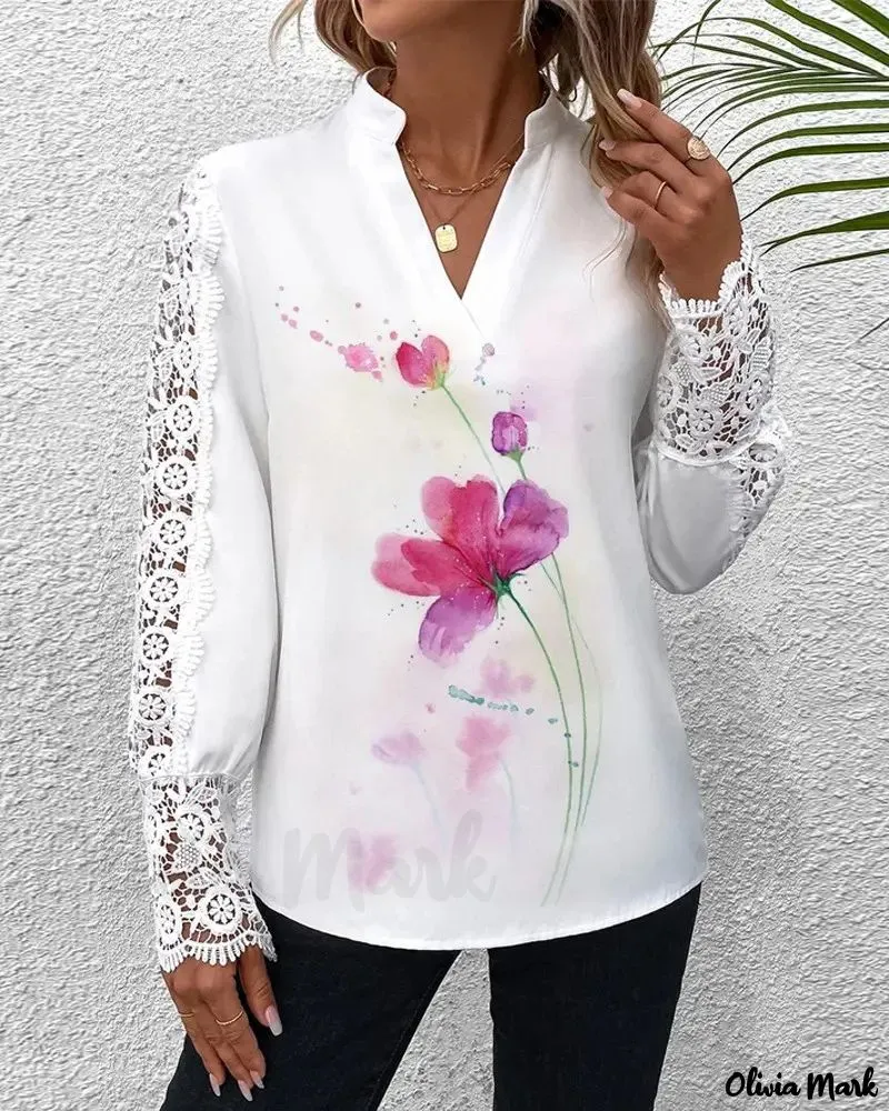 Xieyinshe - Floral Print Contrast Lace Long Sleeve Top
