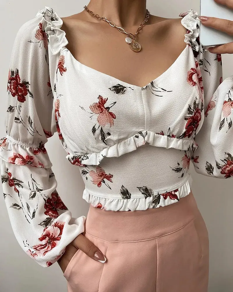 Xieyinshe - Floral Print Ruffle Hem Long Sleeve Crop Top