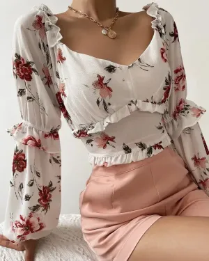 Xieyinshe - Floral Print Ruffle Hem Long Sleeve Crop Top