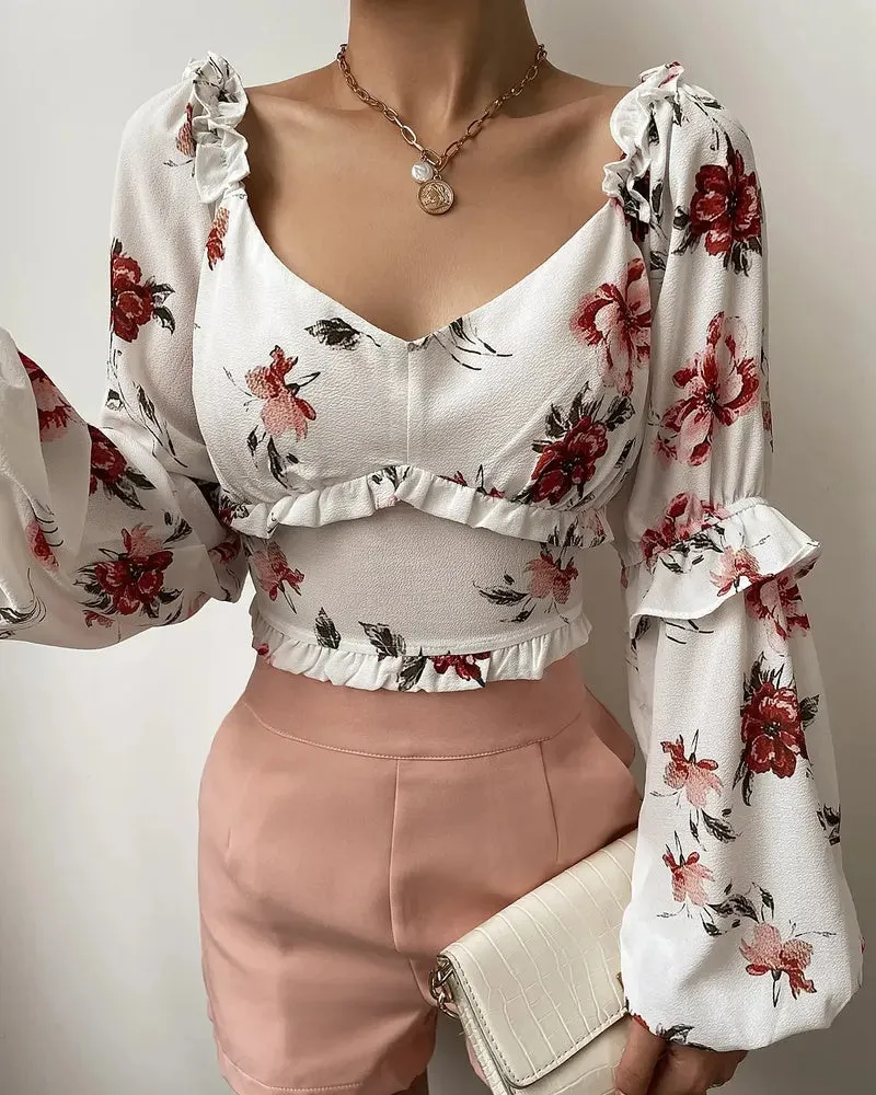 Xieyinshe - Floral Print Ruffle Hem Long Sleeve Crop Top