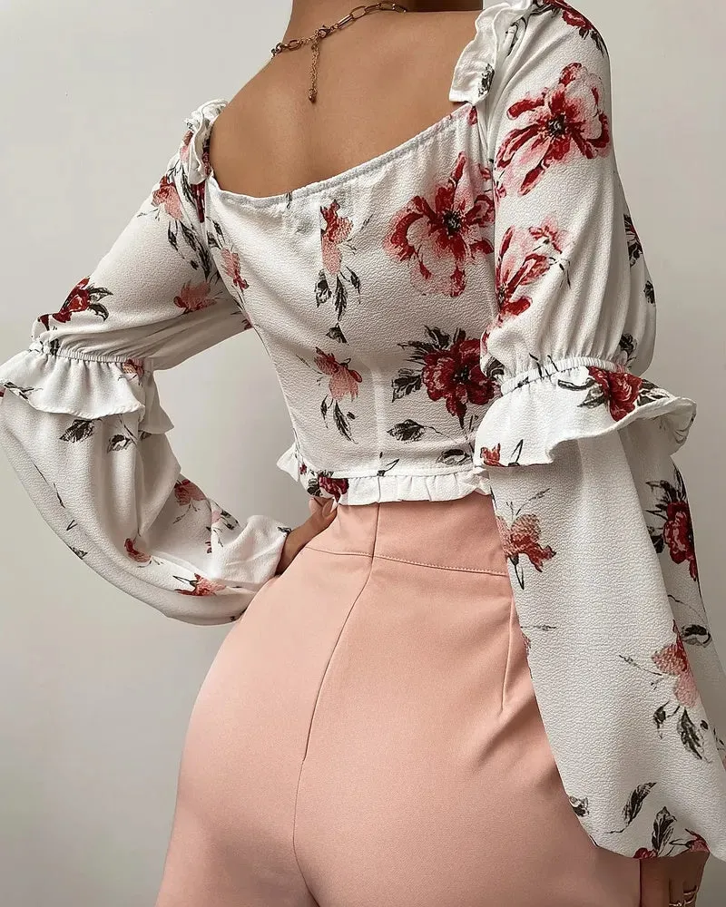 Xieyinshe - Floral Print Ruffle Hem Long Sleeve Crop Top