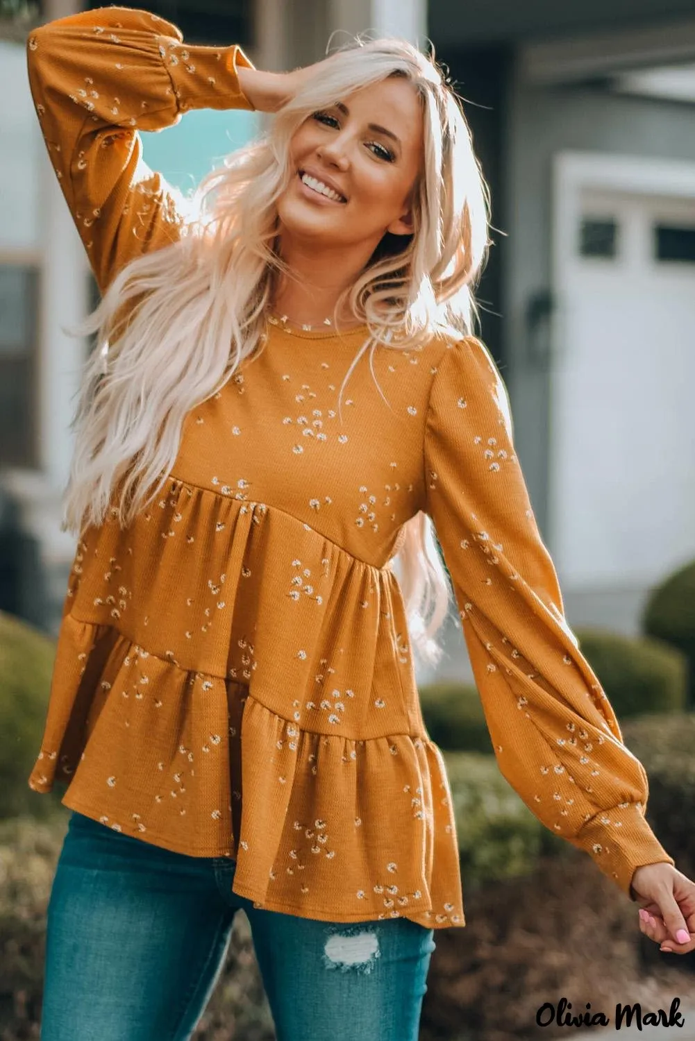 Xieyinshe - Floral Print Ruffle Long Sleeve Tunic Top