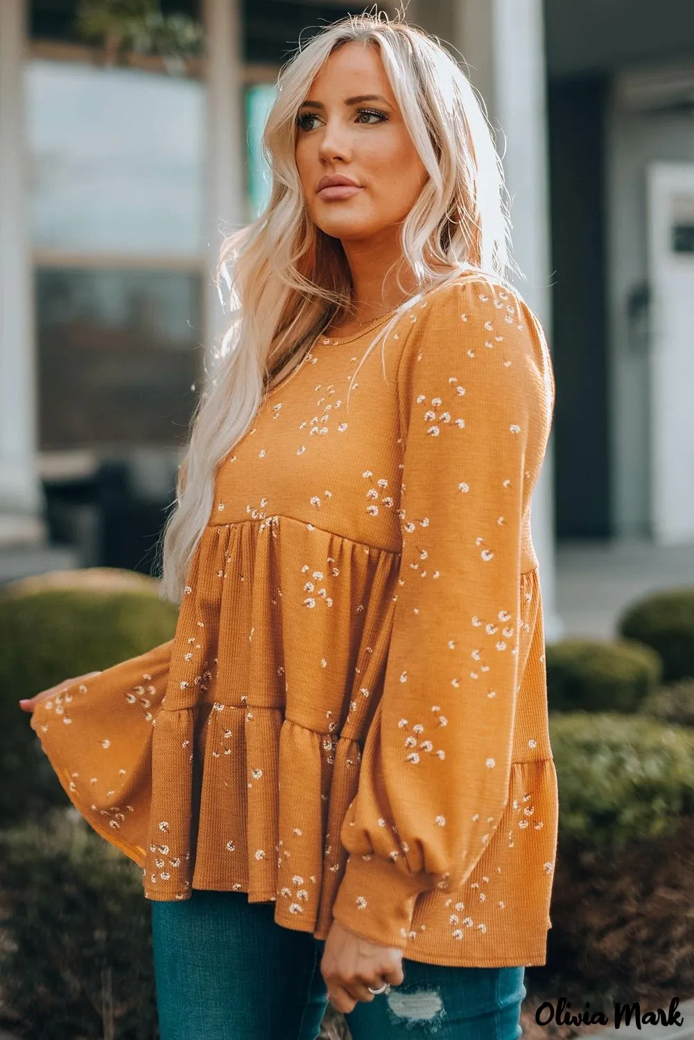 Xieyinshe - Floral Print Ruffle Long Sleeve Tunic Top