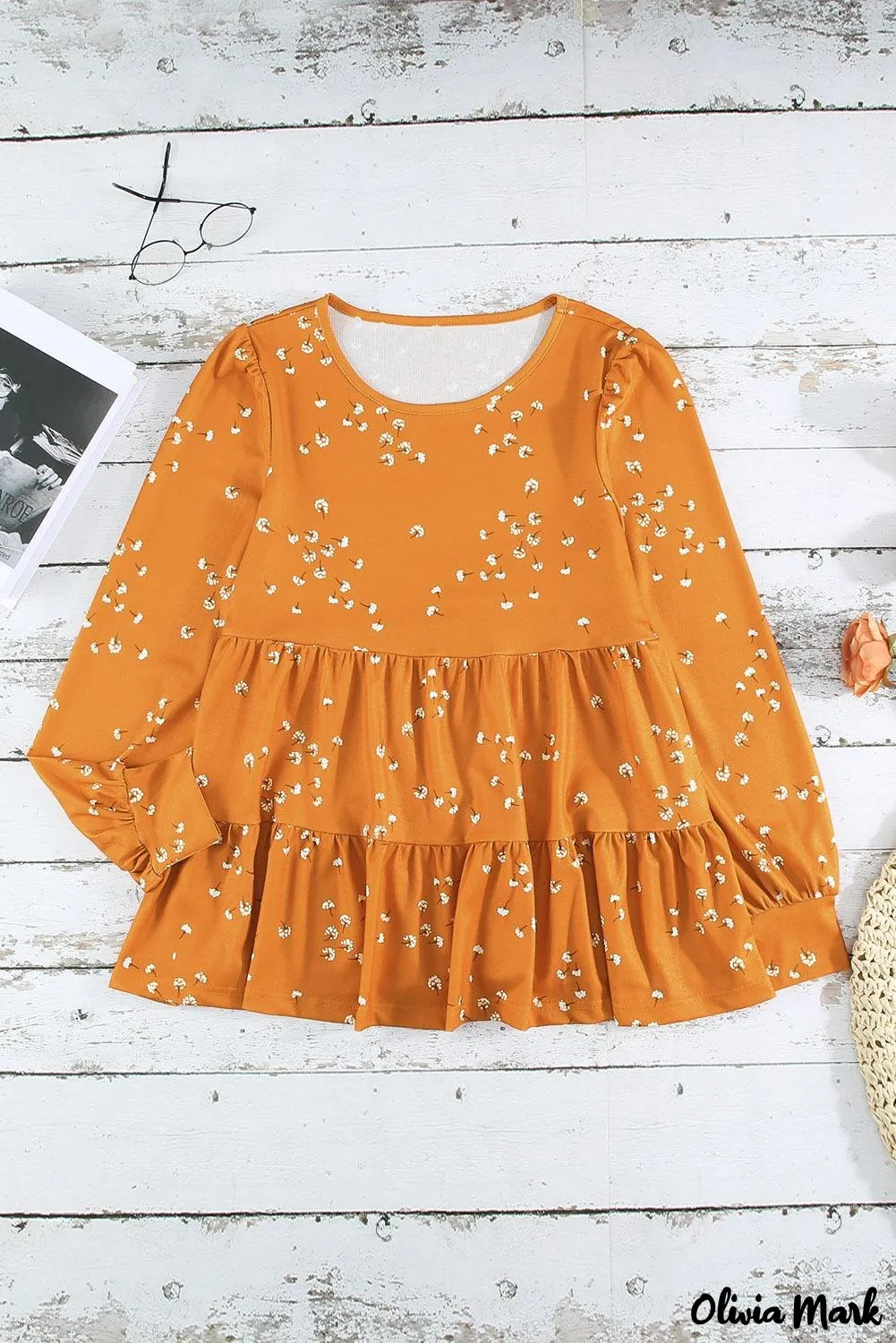 Xieyinshe - Floral Print Ruffle Long Sleeve Tunic Top