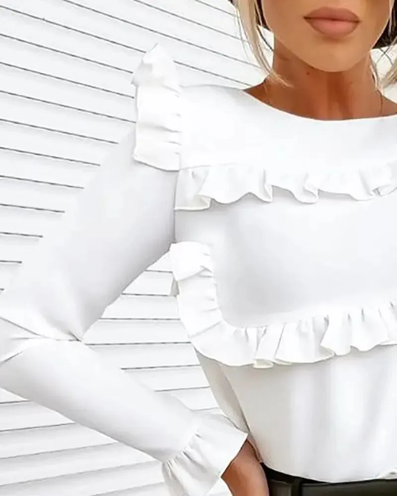 Xieyinshe - Frill Hem Crew Neck Long Sleeve Top