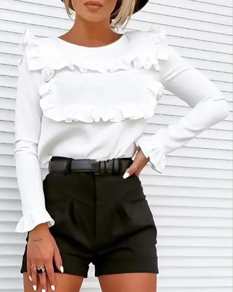 Xieyinshe - Frill Hem Crew Neck Long Sleeve Top