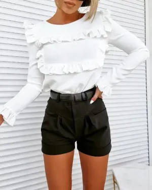 Xieyinshe - Frill Hem Crew Neck Long Sleeve Top