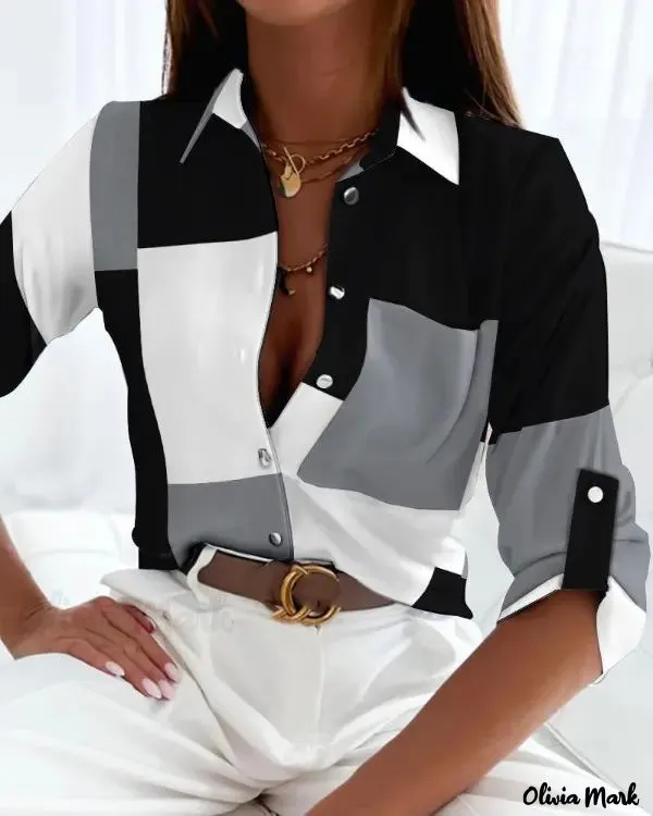 Xieyinshe - Geometric Print Long Sleeve Button Down Shirt