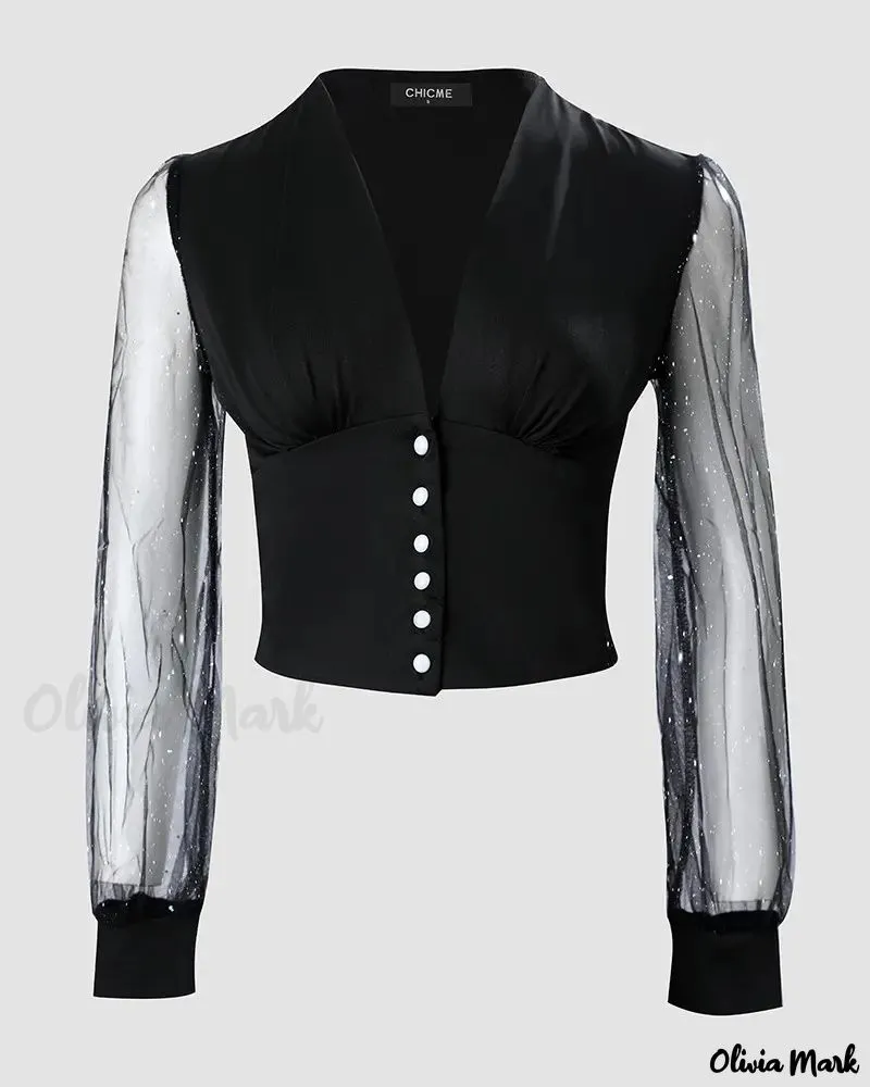 Xieyinshe - Glitter Contrast Mesh Long Sleeve Top