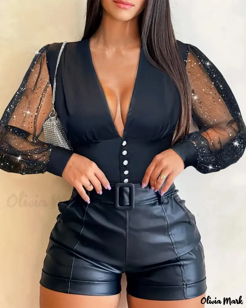 Xieyinshe - Glitter Contrast Mesh Long Sleeve Top