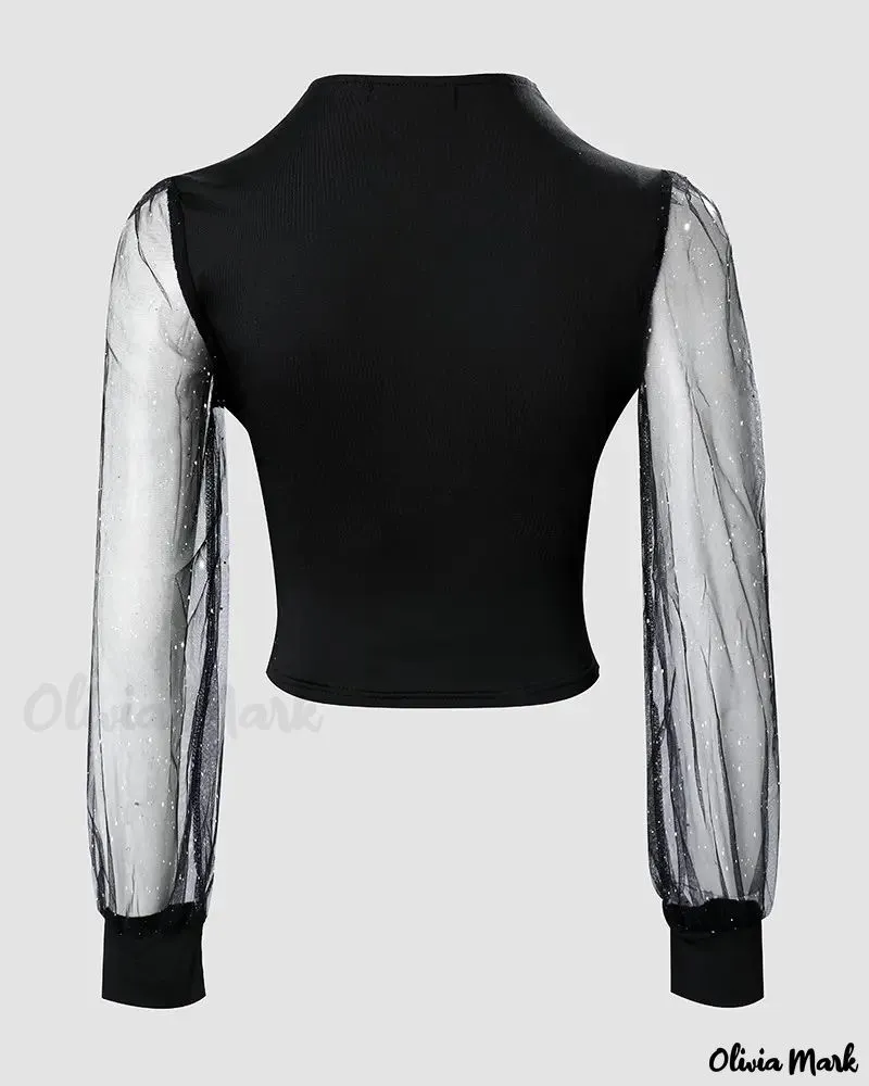 Xieyinshe - Glitter Contrast Mesh Long Sleeve Top