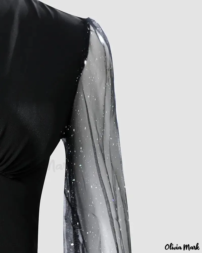 Xieyinshe - Glitter Contrast Mesh Long Sleeve Top