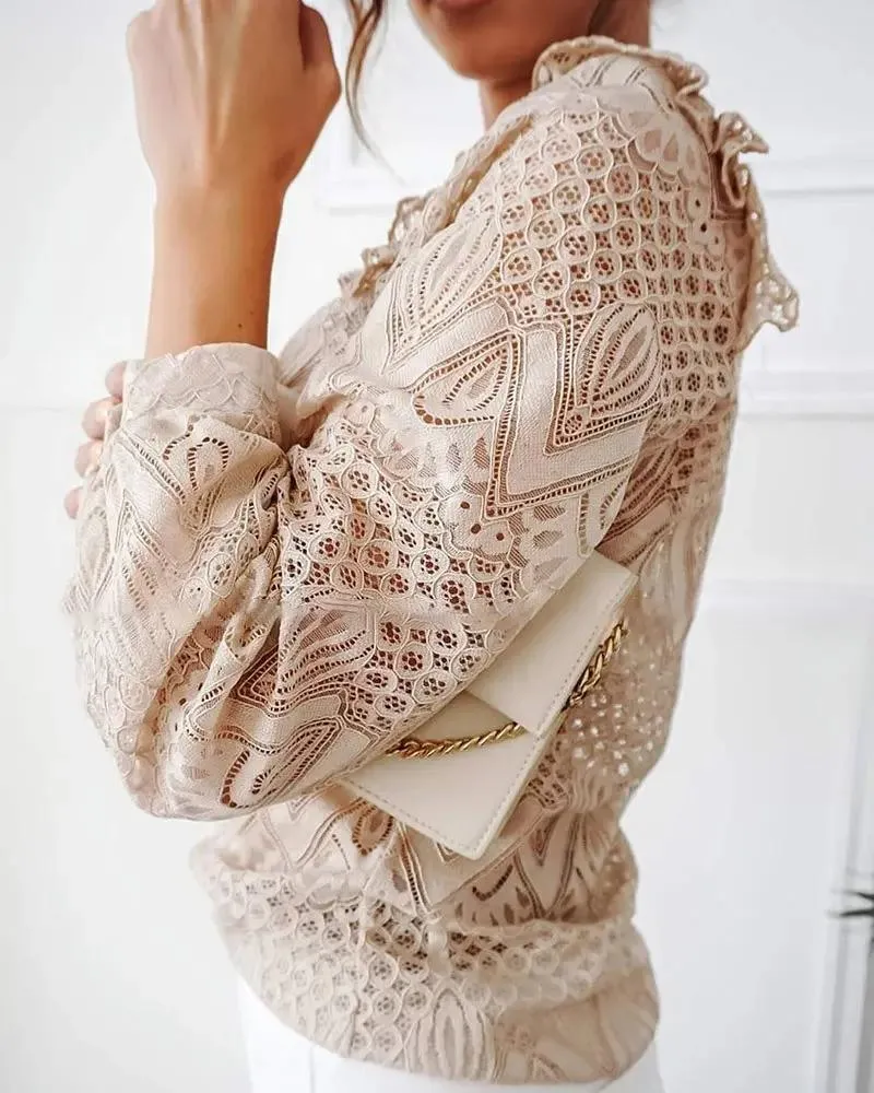 Xieyinshe - Hollow Out Ruffled Lace Long Sleeve Top